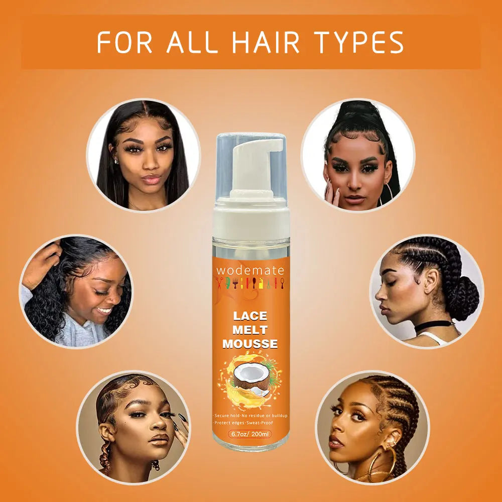 موس إذابة الدانتيل (ليّس)  تثبيت طبيعي قوي، سريع الجفاف، شفاف، وآمن   Lace Melt Mousse  Quick-Drying, Invisible, Firm Hold Mousse for a Natural, Residue-Free, & Safe Finish (200ml)