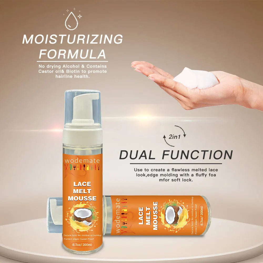موس إذابة الدانتيل (ليّس)  تثبيت طبيعي قوي، سريع الجفاف، شفاف، وآمن   Lace Melt Mousse  Quick-Drying, Invisible, Firm Hold Mousse for a Natural, Residue-Free, & Safe Finish (200ml)