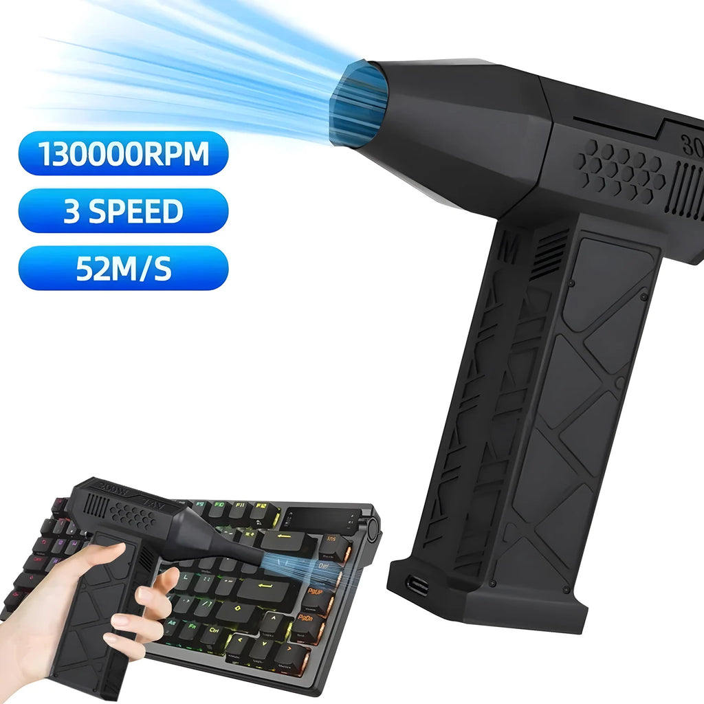 Powerful 130,000 RPM Brushless Air Duster with Type-C Fast Charging   مكنسة ومنفاخ هواء قوي (Brushless): 130K RPM لإزالة الغبار والتنظيف العميق